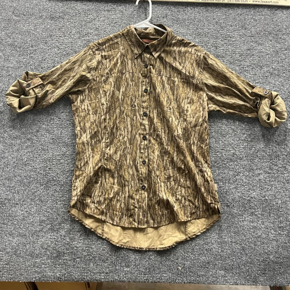 Magellan Outdoors Shirt Womens Size L Mossy Oak Bottomland Camo Hunting Roll Tab